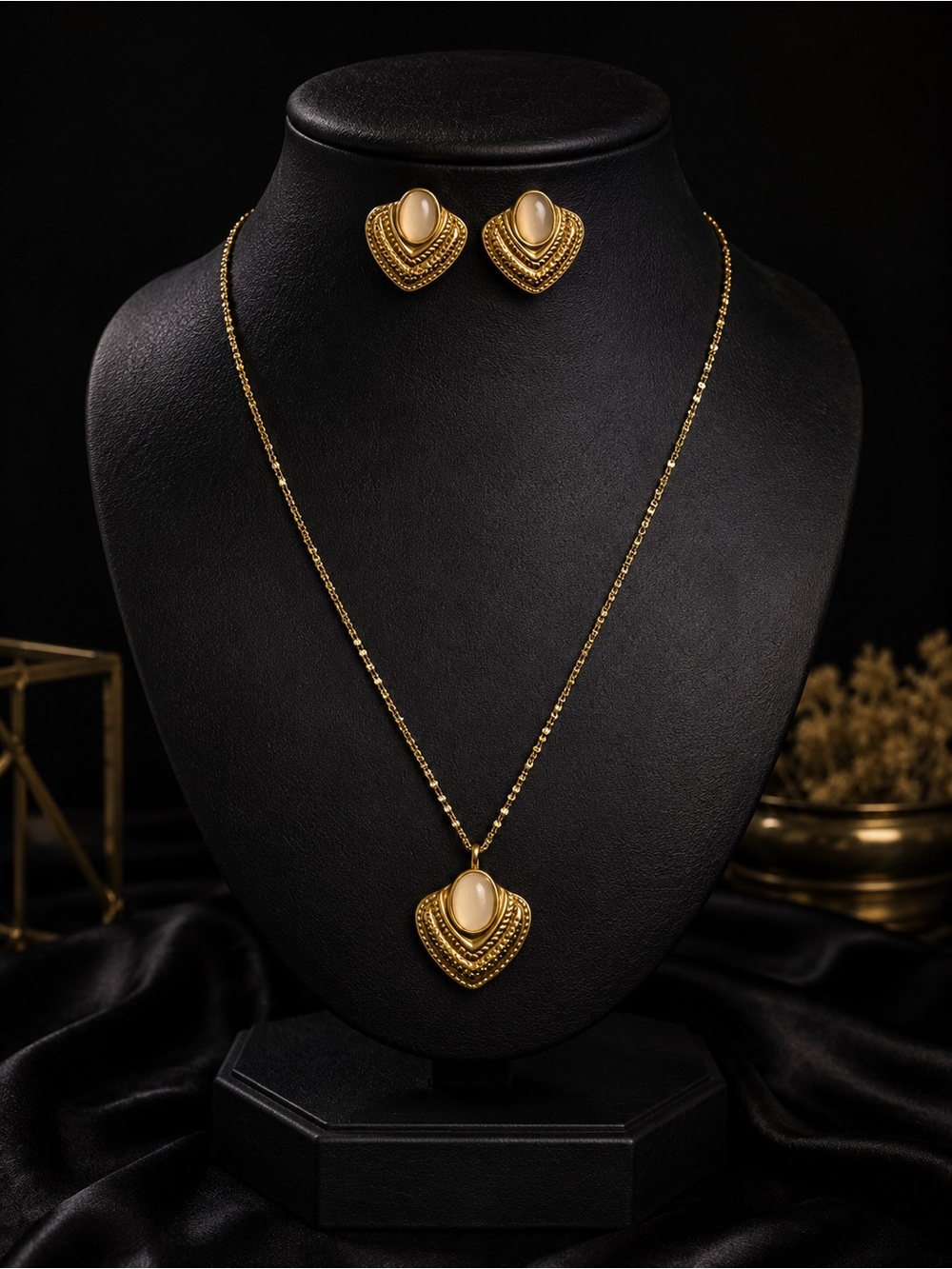 Elegant Gold-Tone Heart Pendant Necklace & Earrings Set with Cream Cabochon
